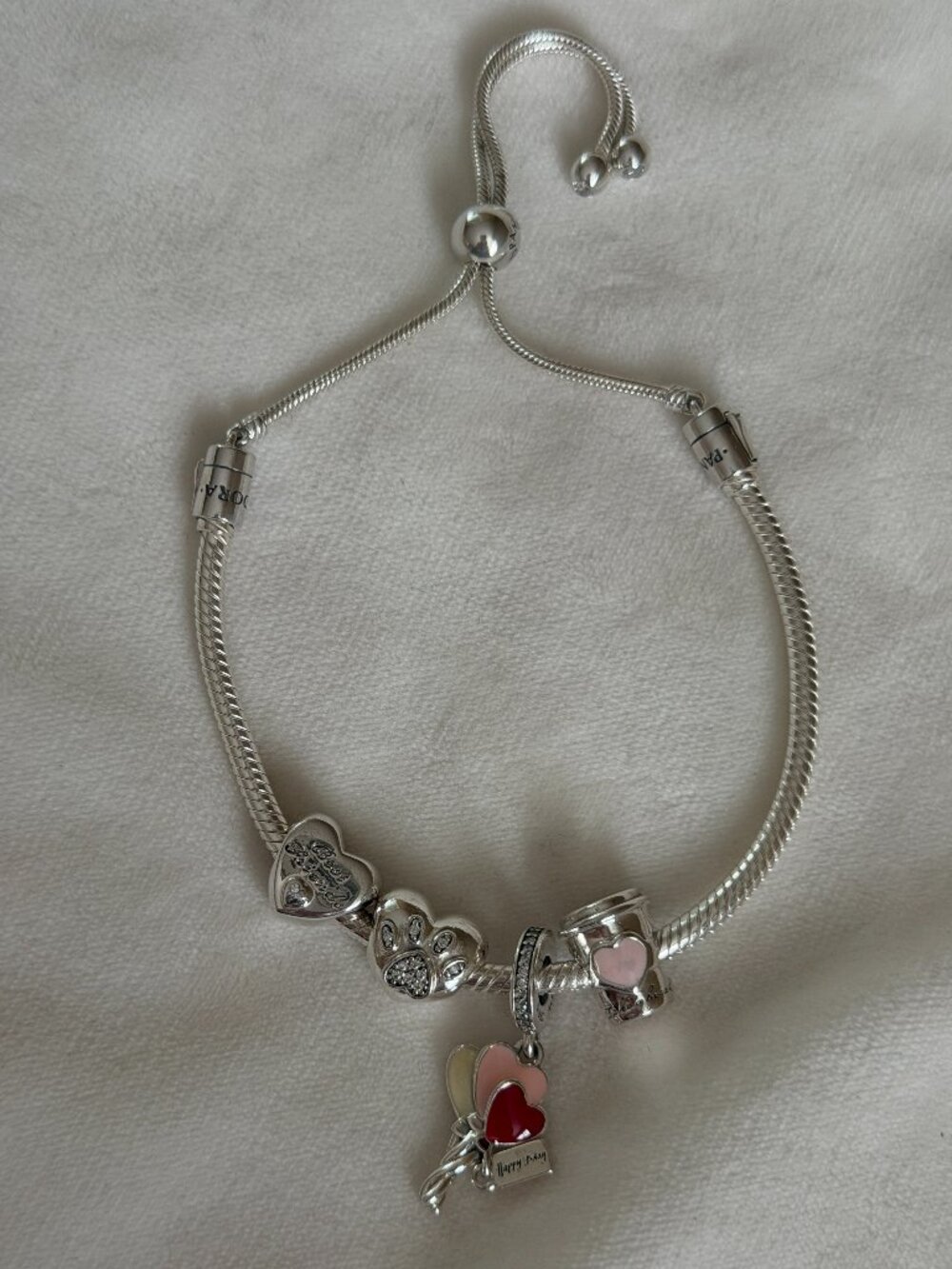 PANDORA Snake Chain Slider Bracelet Sterling Silver +4 CHARMS